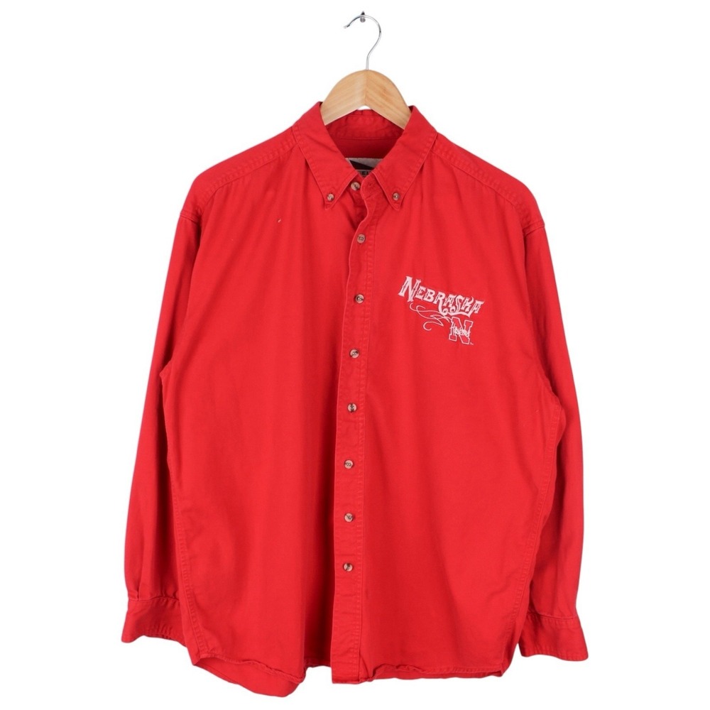 Vintage Nebraska Cornhuskers Button Up Shirt Red Denim Embroidered Men's Large